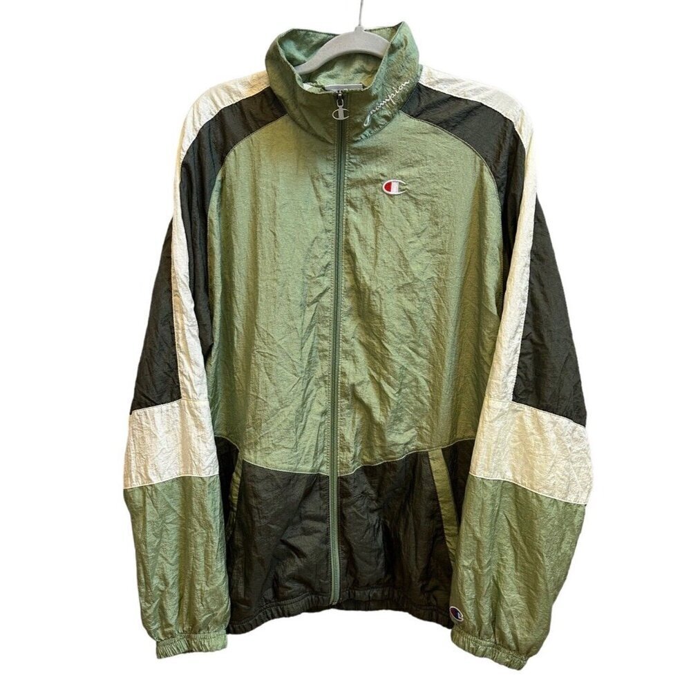 Champion Windbreaker Full Zip Green Color block Track Jacket Mens Sz Large
